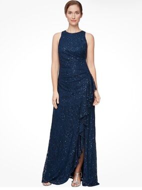 Alex Evenings $220 Navy Beaded Lace Maxi Dress